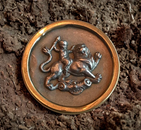 Victorian Vintage Antique Brass Stamped Picture Button Satyr Riding A Lion Cover