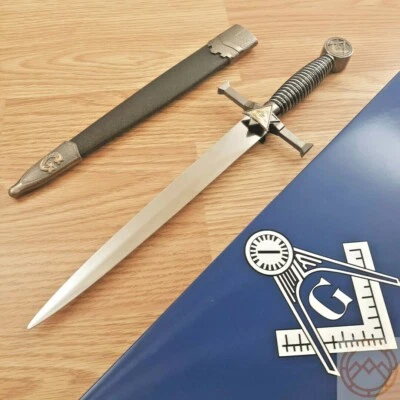 Cuchillo fijo masónico 9,25" hoja de daga de acero inoxidable mango de aleación de zinc negro Foto 1 de 4