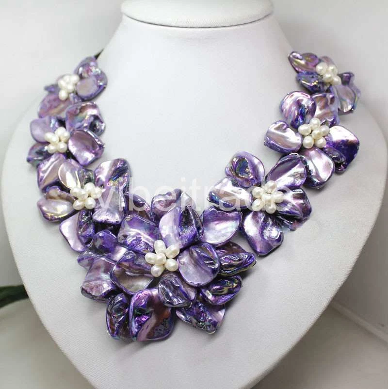 Collar de cuero hecho a mano de perlas de agua dulce púrpura 7 conchas de mar flor 18" Foto 1 de 1