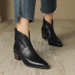 Women Chelsea Booties Ladies Block Heel V Cut Pointy Toe Retro Ankle Boots Shoes - Picture 1 of 18