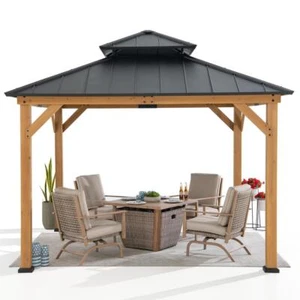 Wood Gazebo with 2-tier Metal Roof, for Patios, Lawn, and Backyard, Black - Picture 1 of 9