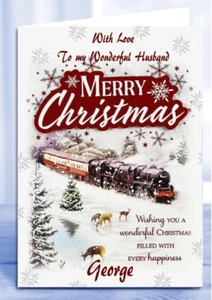 Personalised Christmas Card Steam Train HUsband Partner Brother Dad Nephew - Picture 1 of 2