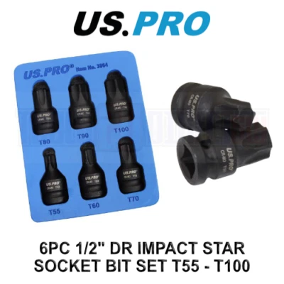 US PRO 6pc 1/2" DR Impact Star Torx Bit Socket Set T55 T60 T70 T80 T90 T100 - Image 1 of 4