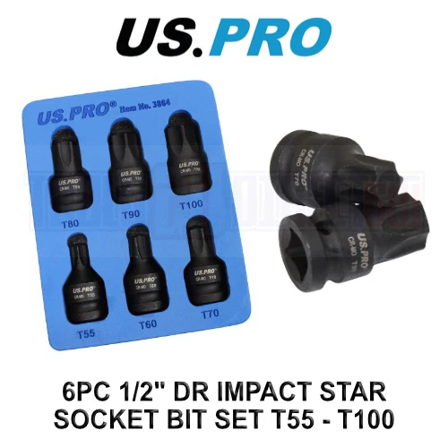 US PRO 6pc 1/2" DR Impact Star Torx Bit Socket Set T55 T60 T70 T80 T90 T100 - Image 1 of 4