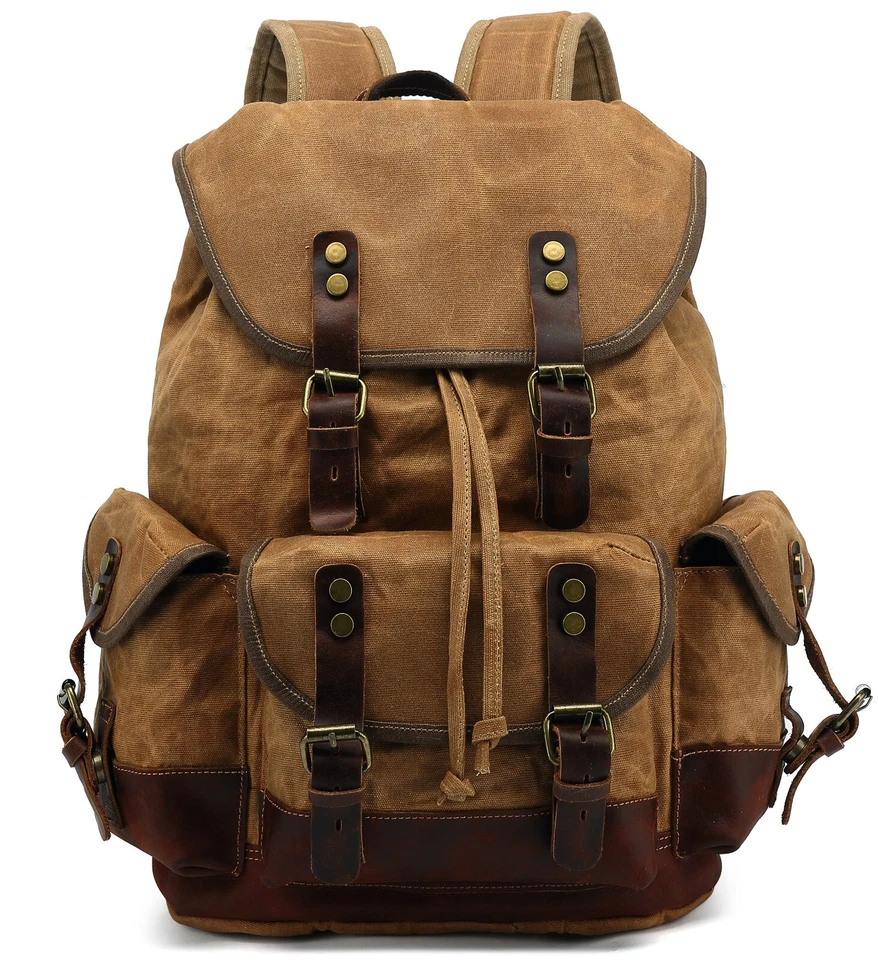 Mochila de couro de lona encerada HuaChen mochila de viagem caminhada acampamento bolsa escolar - Imagem 1 de 4