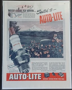 1947 Auto-Lite Sparkplugs Vintage Print Ad 1940s Snow-capped Mt. Hood Geese - Picture 1 of 1