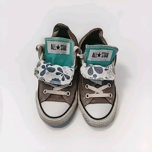 Double Tongue Grey Teal Converse Shoes Purple And Blue Butterflys Size 5 - Picture 1 of 7