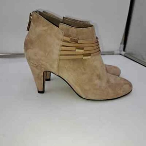 Bella Vita Nerissa 6.5W tan suede Almond toe strappy metal hardware booties - Picture 1 of 7