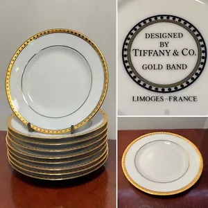 Set 9 Vintage TIFFANY & CO. Gold Band Limoges Porcelain Bread/Butter App Plates - Picture 1 of 14