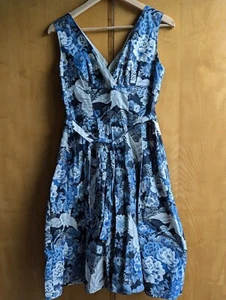 Women's dress, new, white cranes on blue, silver, 52 Greek Street Soho, Size L - Picture 1 of 4