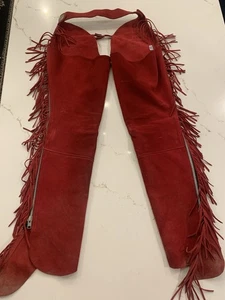 Barnstable Equitazione Chaps Frangia Pelle Scamosciata Rossa Taglia Med Coscia 23” Vintage - Foto 1 di 17