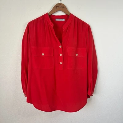 Blusa Vince Top Mujer Pequeña Roja Naranja Seda Popover Carrera S Foto 1 de 4