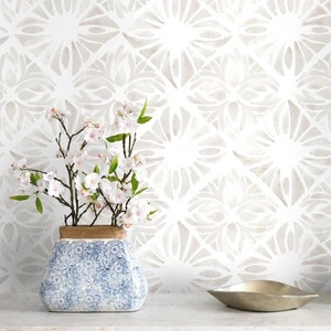 Geometric Peel and Stick Wallpaper Boho wallpaper197 "x16.1" White and Gray W... - Picture 1 of 6