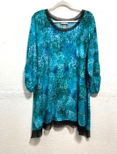 Top tunica donna Catherines manica increspata blu floreale sovrapposizione maglia Lagenlook 2X - Foto 1 di 11