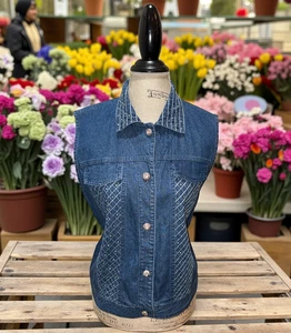 Gilet Saint Germain blu scintillante leggero vintage denim con bottoni scintillanti L - Foto 1 di 13