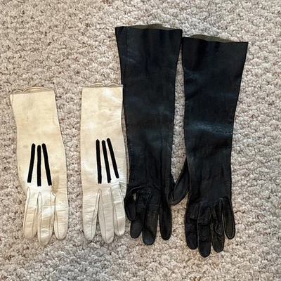 女士复古手套白色/黑色儿童皮革 — 第 1/4 张图片