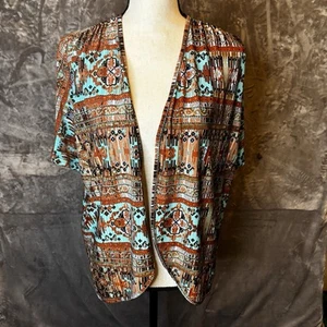 Jody California Cardigan Medium Western Cowgirl Open Front Brown Turquoise - Picture 1 of 10