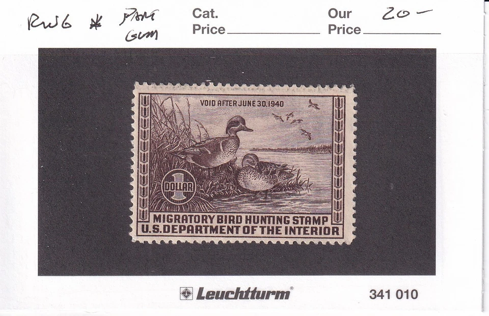 U.S.: Sc # RW6, $1 Federal Duck Hunting Stamp (partial gum), MH (E15619) - Image 1 of 1