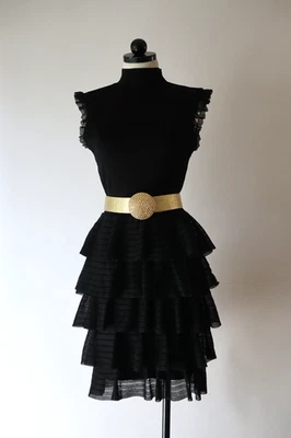 Alice + Olivia Black Stretch High Neck Ruffle Skirt Elegant Party Dress Women L - Image 1 of 4