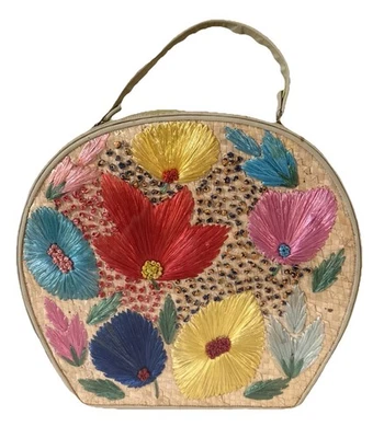 "Maleta floral tejida de rafia vintage sombrero caja viaje playa bolsa 13"" T x 14"" W" Foto 1 de 4