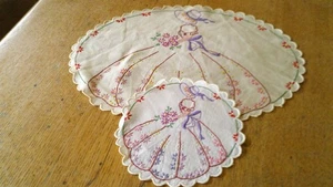 2   HAND EMBROIDERED IRISH LINEN DOILIES - CRINOLINE LADY - Picture 1 of 7