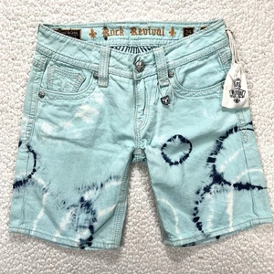VTG Rock Revival Alanis Easy Shorts 25 (28×8) Hemmed Aqua Tie-Dye Denim - Picture 1 of 15