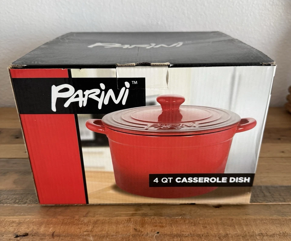 Cazuela ignífuga de gres Parini roja de 4 cuartos con tapa, nueva en caja  Foto 1 de 4