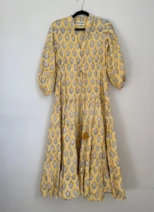 DZUBI Maxikleid Shirt Blumen Blockprint gelb 3/4 Arm Gr. M Bindeband Taille Boho - Bild 1 von 8