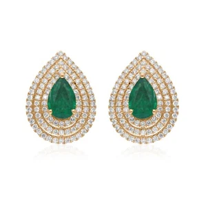 Lab Grown CVD Diamond Zambian Emerald Pear Stud 14k Yellow Gold Earrings 2.32Tcw - Picture 1 of 7