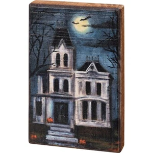 Decorative Wooden Block Sign Decor - Halloween Haunted House - 4 In x 6 In NEW - Picture 1 of 4