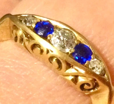 Or Jaune 18 Carats et Diamants-Saphir-Ancienne Bague Victorienne-18K-750-Diamant - Photo 1/4