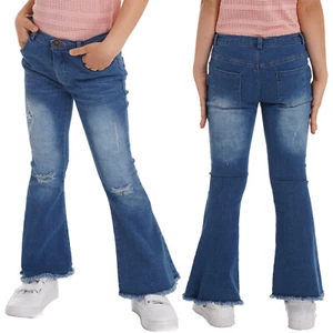 Girls Bell Bottom Jeans High Waisted Ripped Hole Flare Jeans Classic Denim Pants - Picture 1 of 26