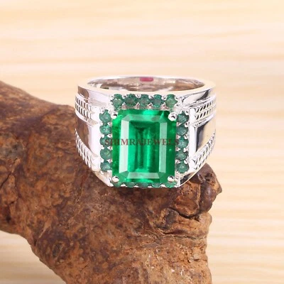 Simulierte Smaragd & Onyx Mit Weißgold Beschichtetem Silberring Für Männer #1959 - Bild 1 von 4