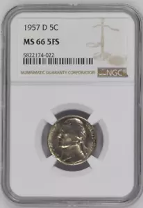 1957 D Jefferson Nickel NGC MS66 5FS FULL STEPS Bright Great Luster - Picture 1 of 2