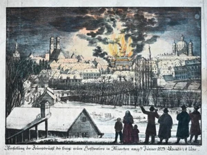 1823 Munich Theater Brand 1823 One Sheet Print Colored Lithograph by Ellmer - Picture 1 of 1