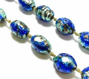 ANTIQUE ART DECO EDWARDIAN VENETIAN FOIL GLASS BEADS NECKLACE AZURE AQUA BLUE  - Picture 1 of 3