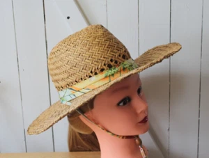 Hat Women's Wide Brim Tan Straw Travel Sun Floopy Hat Flower Trim w/ Straps - Picture 1 of 6