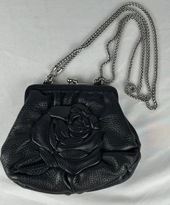 Brighton Black Leather Rose Clutch Coin Purse Mini Bag With Chain Crossbody - Picture 1 of 6