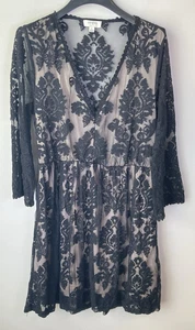 Umgee Minikleid schwarz Spitze Plunge Neck hellbraun Futter LS BooHoo Spitze Goth Gr. L - Bild 1 von 20