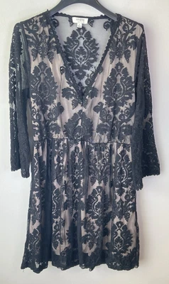 Umgee Mini Dress Black Lace Plunge Neck Tan Lining LS BooHoo Lace Goth Size L - Image 1 of 4