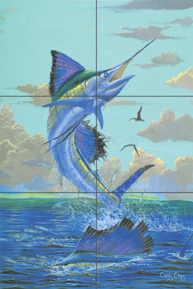 Mural de azulejos de cerámica para baño salpicadero - velas dobles - vela pez marlín arte Foto 1 de 1