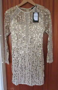 Naanaa Ivory Sheer Lace Long Sleeve Mini Dress with Gold Sequins, Size 10 NWT - Picture 1 of 13