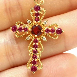 14K Yellow Gold Plated Round Cut 3Ct Lab Created Red Ruby Cross Pendant - Picture 1 of 9