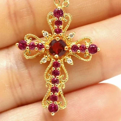 14K Yellow Gold Plated Round Cut 3Ct Lab Created Red Ruby Cross Pendant - Image 1 of 4