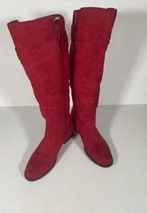Impo Remember Vintage rot Kunstleder seitlicher Reißverschluss niedriger Absatz kniehohe Stiefel Gr. 6M - Bild 1 von 7