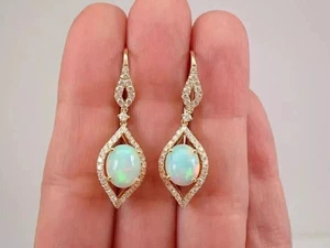3Ct Oval Natural Fire Opal Women's Drop Dangle Earrings 14k Yellow Gold Plated - Picture 1 of 8