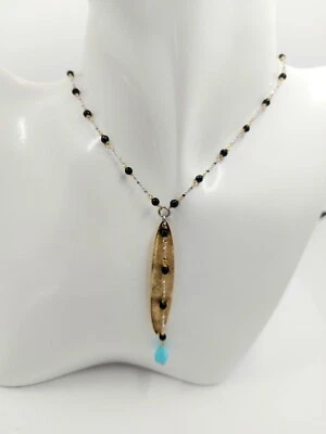 COLLANA IN ARGENTO 925  CON SPINELLO NERO E PASTA DI TURCHESE A FORMA DI GOCCIA - Immagine 1 di 4