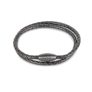Black Braided Leather Double Wrap Bracelet Matte Black Clasp - Picture 1 of 3