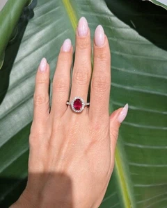 3.29Ct Oval Cut Natural Ruby Diamond Engagement Ring 14K Real White Gold Size 7 - Picture 1 of 4