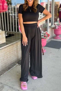 Black Slim Fit Crop Top and Pleated Wide Leg Pants Set - Picture 1 of 8